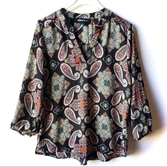 Alice Blue Black Multicolor Paisley Floral Print Split Neck Long Sleeve Top - Picture 7 of 14
